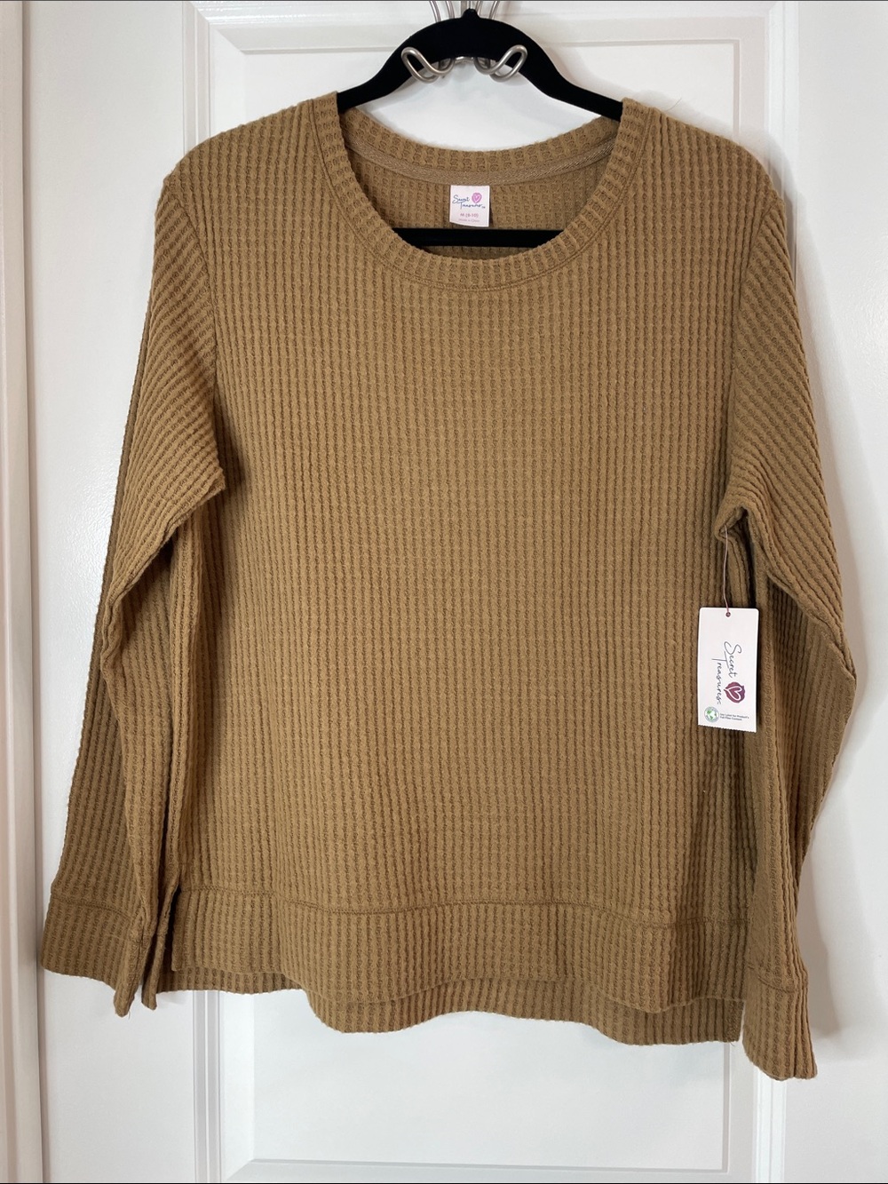 Scoop-Neck Waffle Knit Sweater in Camel
